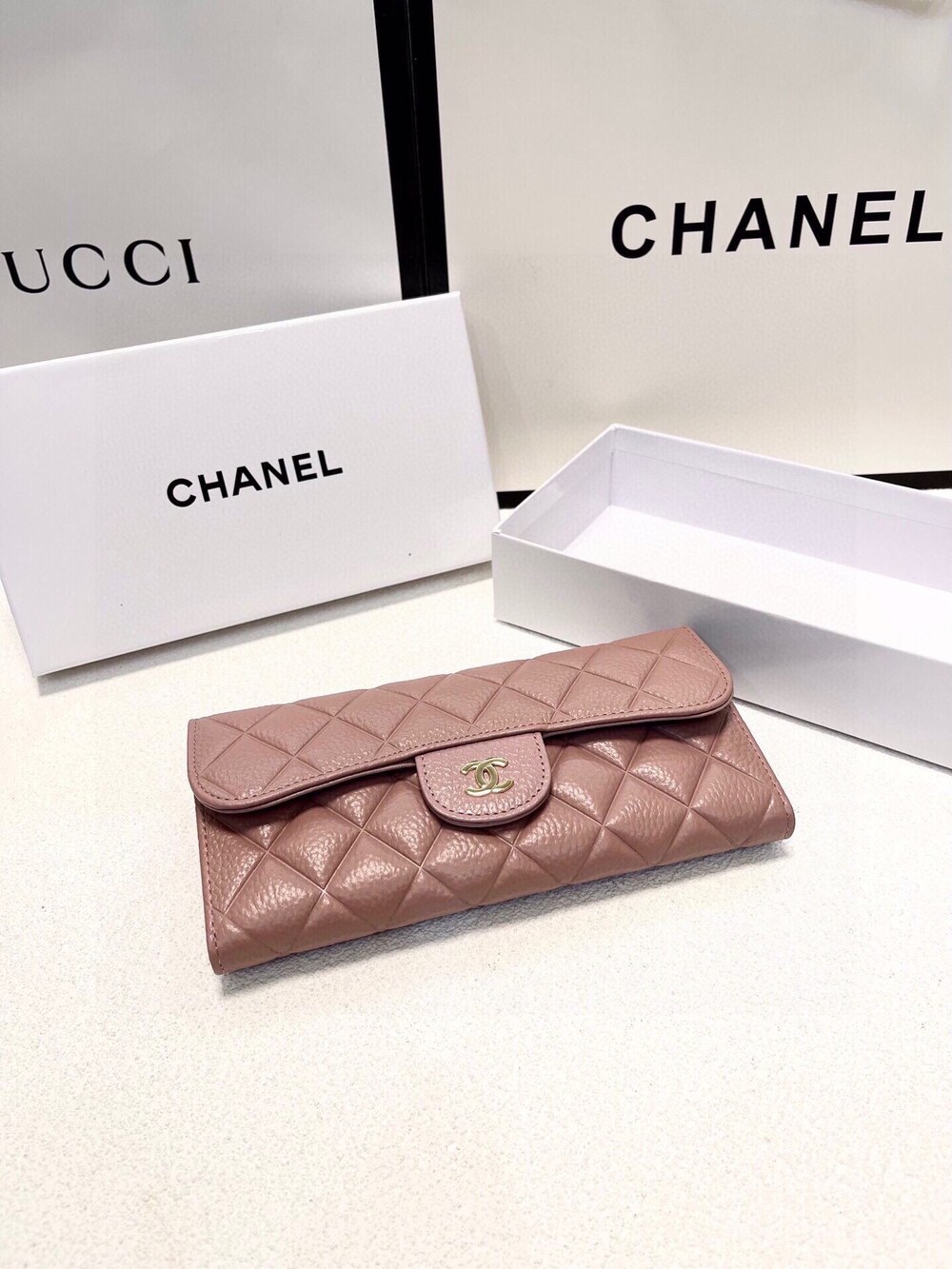 Chanel Classic Flap Long Wallet, Pink Caviar Leather